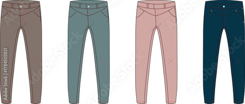 A colorful collection of women's slim-fit pants in various shades. Vector illustration set of stylish trousers for fashion design