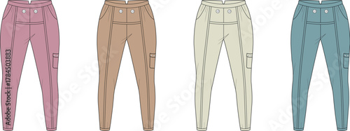 Set of women's cargo jogger pants in various colors. Fashion technical flat sketch vector illustration template for apparel design