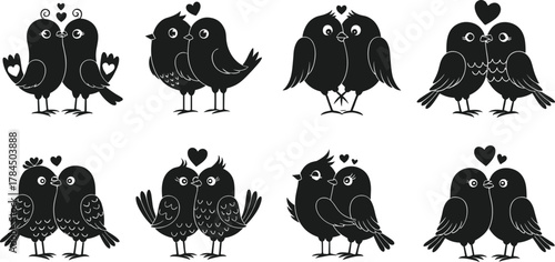 Black and white love birds silhouette set, romantic bird couple illustration with hearts, cute minimalist animal vector design art