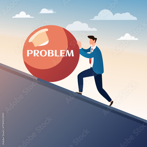 Businessman Pushing a Large Problem Up a Hill – Struggle and Challenge Concept Vector Illustration