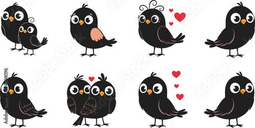 Cute black cartoon birds couple illustration with red hearts, adorable love birds vector art, romantic animal character design set