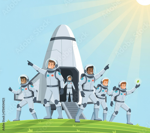 A diverse team of astronauts, including a child, stands proudly in front of their spaceship on a green world, pointing towards a hopeful future