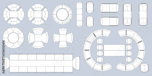 Top down view of various furniture arrangements for modern office spaces and meeting rooms