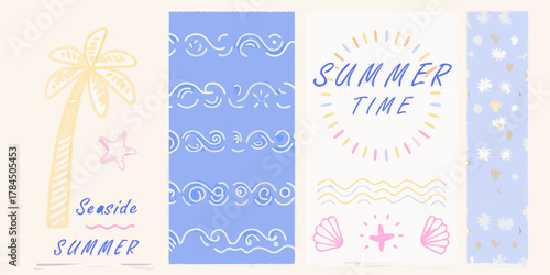 Charming hand drawn seaside summer collection with palm tree starfish waves shells and sunburst