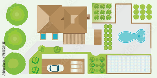 Top down view of a modern house with a swimming pool garage driveway and garden