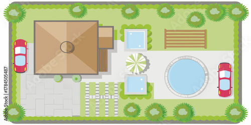 Aerial view of a modern house with a swimming pool hot tub cars and garden landscaping