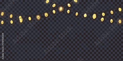 Warm yellow string lights draped across a dark checkered background creating a festive atmosphere