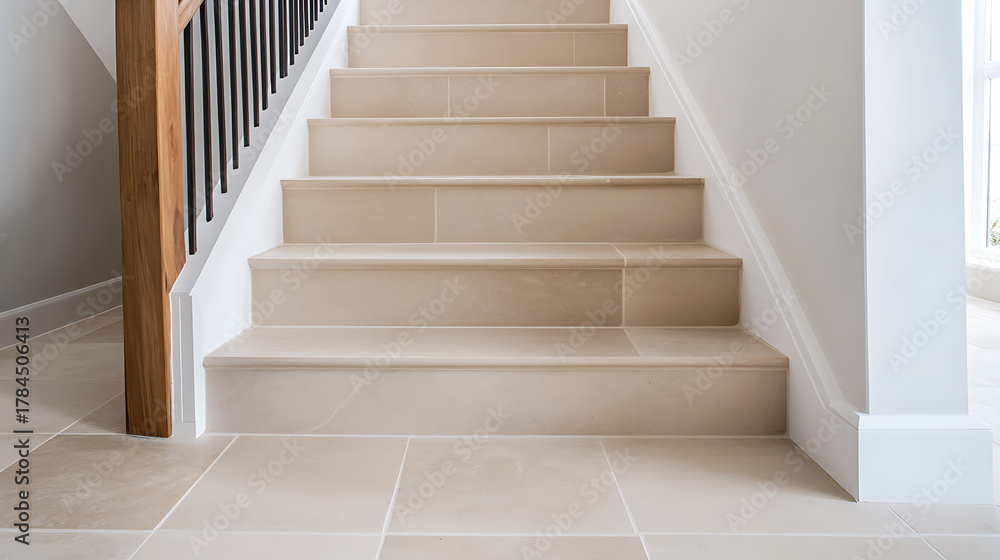 Fototapeta premium A modern staircase with light stone steps and black railing, showcasing a clean design and natural materials that blend seamlessly with the neutral interior decor.