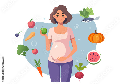 Pregnant Woman Surrounded by Healthy Food