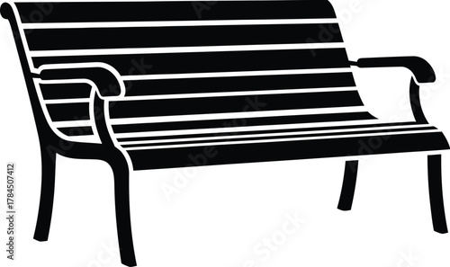 Classic black silhouette of a park bench with armrests