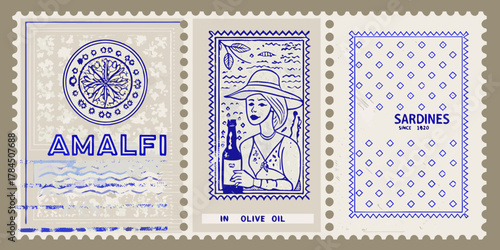 Vintage illustration of three postage stamps featuring amalfi coast imagery a woman with a hat and olive oil and sardines in olive oil