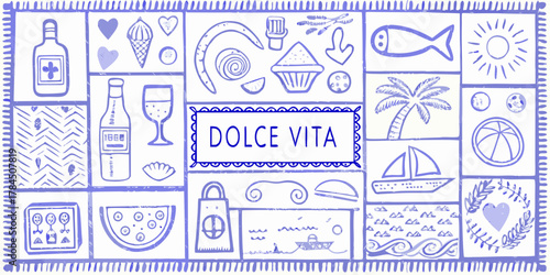 Charming dolce vita collage with hand drawn italian summer icons and blue border