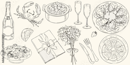 Elegant celebration spread with seafood champagne flowers gift and fruit illustration