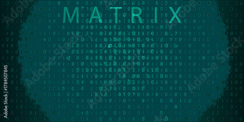 Digital matrix of binary code with the word matrix in teal
