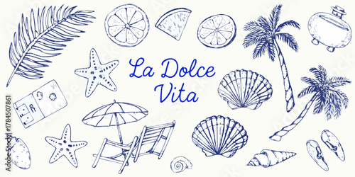 La dolce vita hand drawn sketch collection of beach and tropical vacation elements