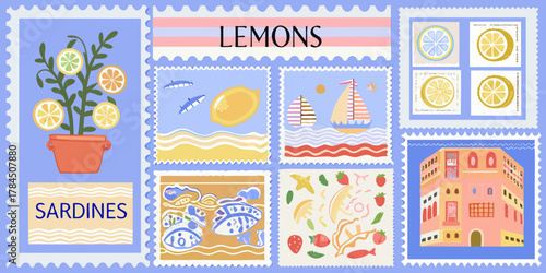 Collection of illustrated postage stamps featuring lemons sardines boats beach and buildings