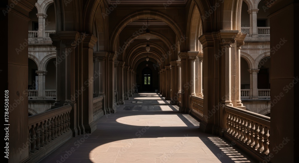 Obraz premium Historic stone corridor with arched windows in sunlight