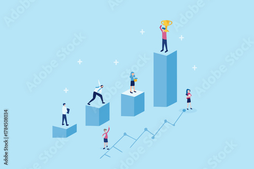 Business people climbing success graph to reach trophy and achieve goals