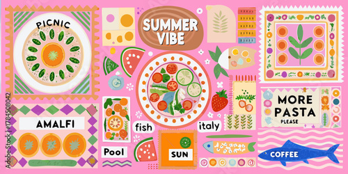 Vibrant summer vibe collage featuring food travel and leisure elements