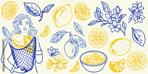Woman holding a net bag filled with lemons and surrounded by lemon illustrations and flowers in blue and yellow