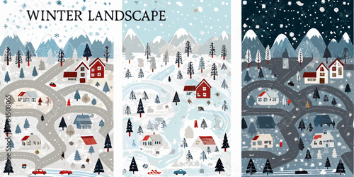 Charming winter village scenes with snowy mountains and winding roads