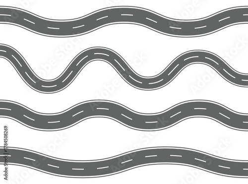 Set of wavy and curved road vector icons with dashed lines. Road trip and Journey route. Highway and path route design elements isolated on white background. Vector illustration.