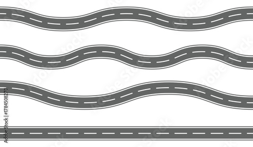 Collection of straight and wavy road vector icons. Road trip and Journey route. Curves roads and horizontal path. Navigation maps, travel, transportation, and infographic design. Vector illustration.