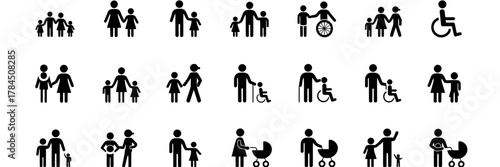 Diverse family, people, relationships, icons, stick figures set
