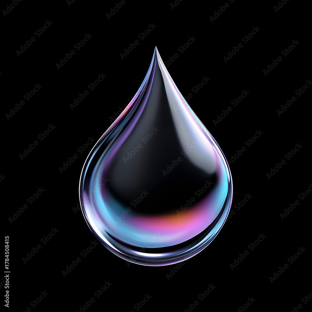 Naklejka premium Radiant Water Droplet: A single, iridescent droplet of pure water, glistening with the subtle hues of the rainbow, suspended against a dark, dramatic backdrop, symbolizing purity.