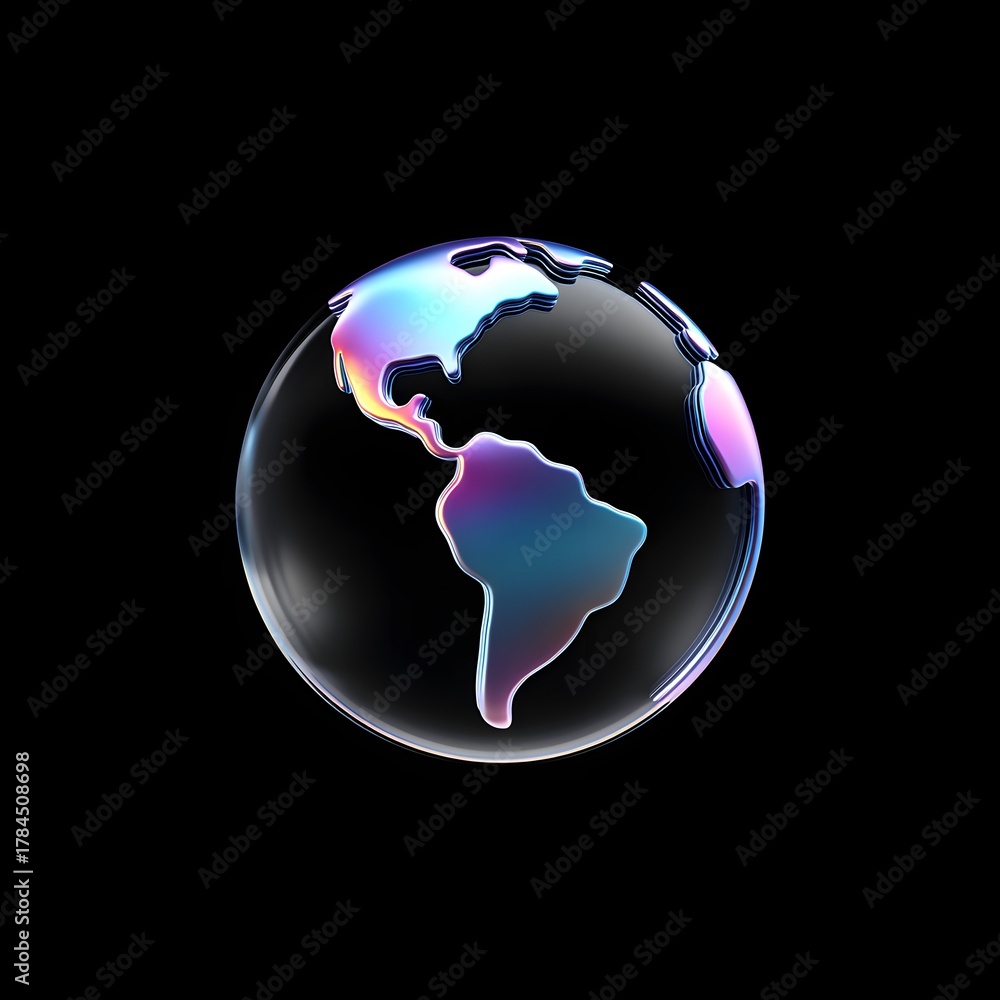 Naklejka premium Global in a bubble: A luminous glass globe floats in a tranquil space, its continents subtly shimmering with a rainbow spectrum. A captivating visual that speaks of connection and dreams.