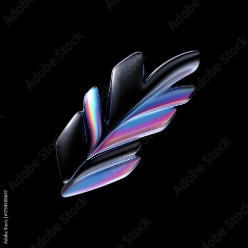 Metallic feather on Black: An elegant, iridescent metallic feather shimmers against a stark black background, showcasing intricate detail and the interplay of light. 