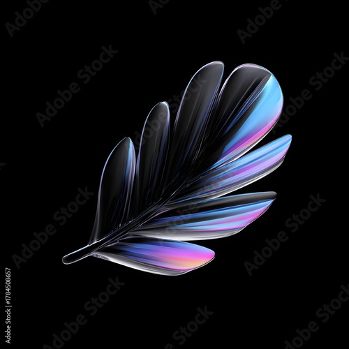 Feather of Elegance: A delicate, digitally rendered feather, showcasing iridescent hues, floats against a stark black backdrop, revealing the captivating allure of nature's artistry.