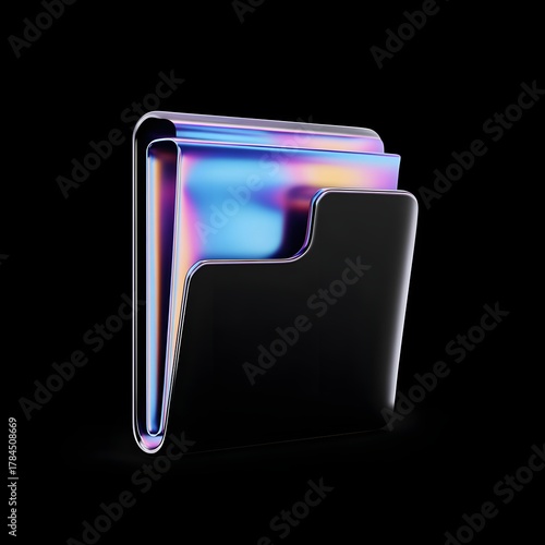 Digital Folder Icon on Black Background: A sleek, holographic folder icon, symbolizing digital organization, shines against a stark black background.