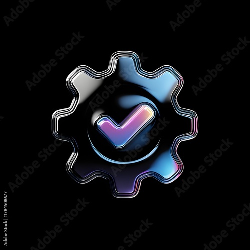 Gear of success: A shiny gear features a check mark, demonstrating the concept of confirmation, success, and solutions against a background.