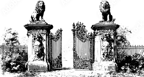 Ornate gate with lion statues, columns and detailed ironwork. Black and white vintage vector illustration of a historic entrance.