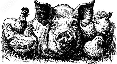 Vintage illustration of a pig, chickens, and a sheep in black and white outline style. This set features farm animals in a vector engraving.