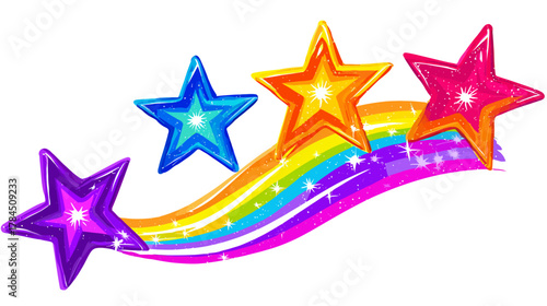 Bright, shiny cartoon stars in various colors with glittering accents, trailing a vibrant, sparkling rainbow arc graphic.