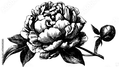 Peony flower and bud with detailed leaves in vintage botanical engraving style. Monochrome vector illustration with fine line shading.