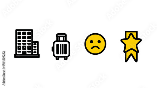 Vector icons: urban building, luggage, sad face, and star. Represents travel experience, business trip, customer feedback, and rating.