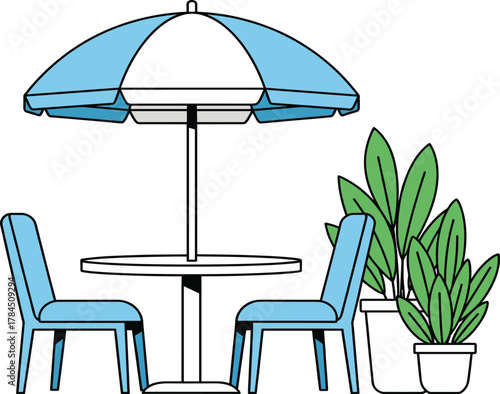 Outdoor Patio Setup – Stylized Table, Chairs, Umbrella, and Potted Plants for Garden Leisure