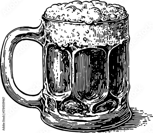 Beer mug with foam in handdrawn sketch style. Black and white vintage textured vector illustration.