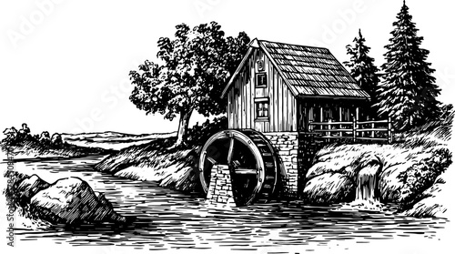 Water mill house with large wheel by a river, surrounded by trees and nature. Vintage black and white lineart vector illustration.