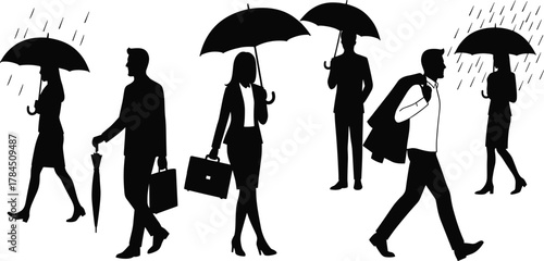 Rainy Commute Silhouettes – Stylized Black Figures with Umbrellas and Business Attire in Motion