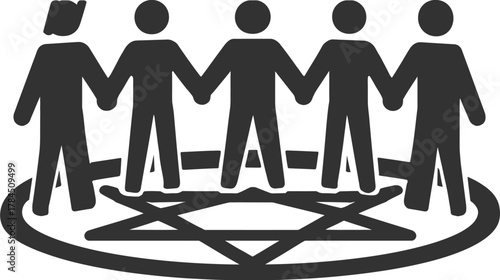 Abstract people icon showing a united group holding hands in a circle, symbolizing teamwork, community, connection, and support.