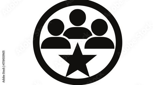 Teamwork community icon, three people group with star in circle. Leadership, quality rating, best user, award symbol, vector graphic.