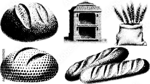 Bread loaves and baguettes in a vector illustration set. Includes details like a wheat sack, simple round shapes, and a classic bakery theme.