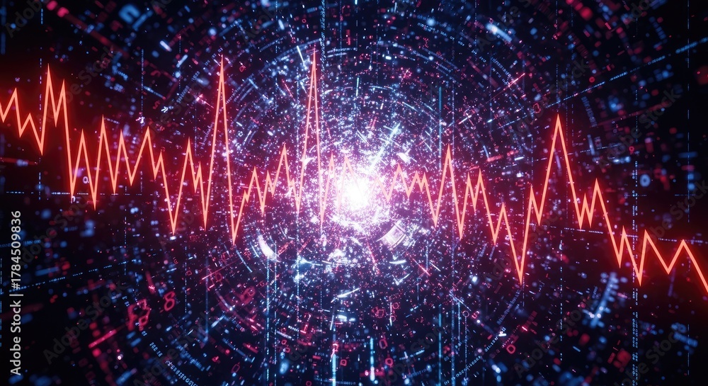 Obraz premium Abstract digital background with a red waveform representing data flow, signal processing, or scientific visualization, creating a dynamic and futuristic atmosphere