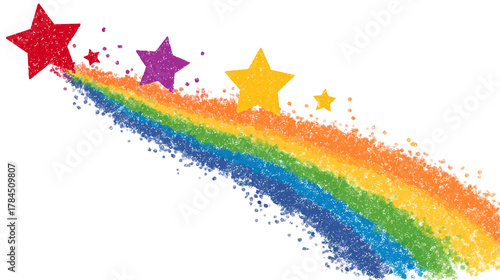 Vibrant Glittering Stars Trailing a Rainbow Streak. Festive, Whimsical, and Magical Celebration Element on White.