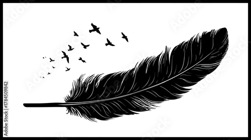 Elegant black feather illustration with birds flying away, symbolizing freedom, escape, and lightness. Minimalist graphic design.