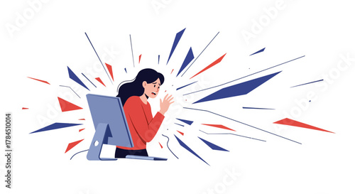 Woman working on computer, focused and concentrated, with colorful background.